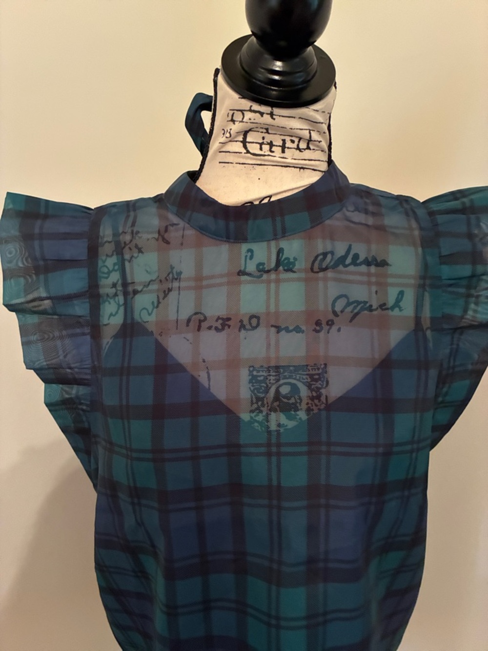 LOFT Sheer Plaid Ruffle Sleeve Top in Navy and Green - Picture 4 of 14